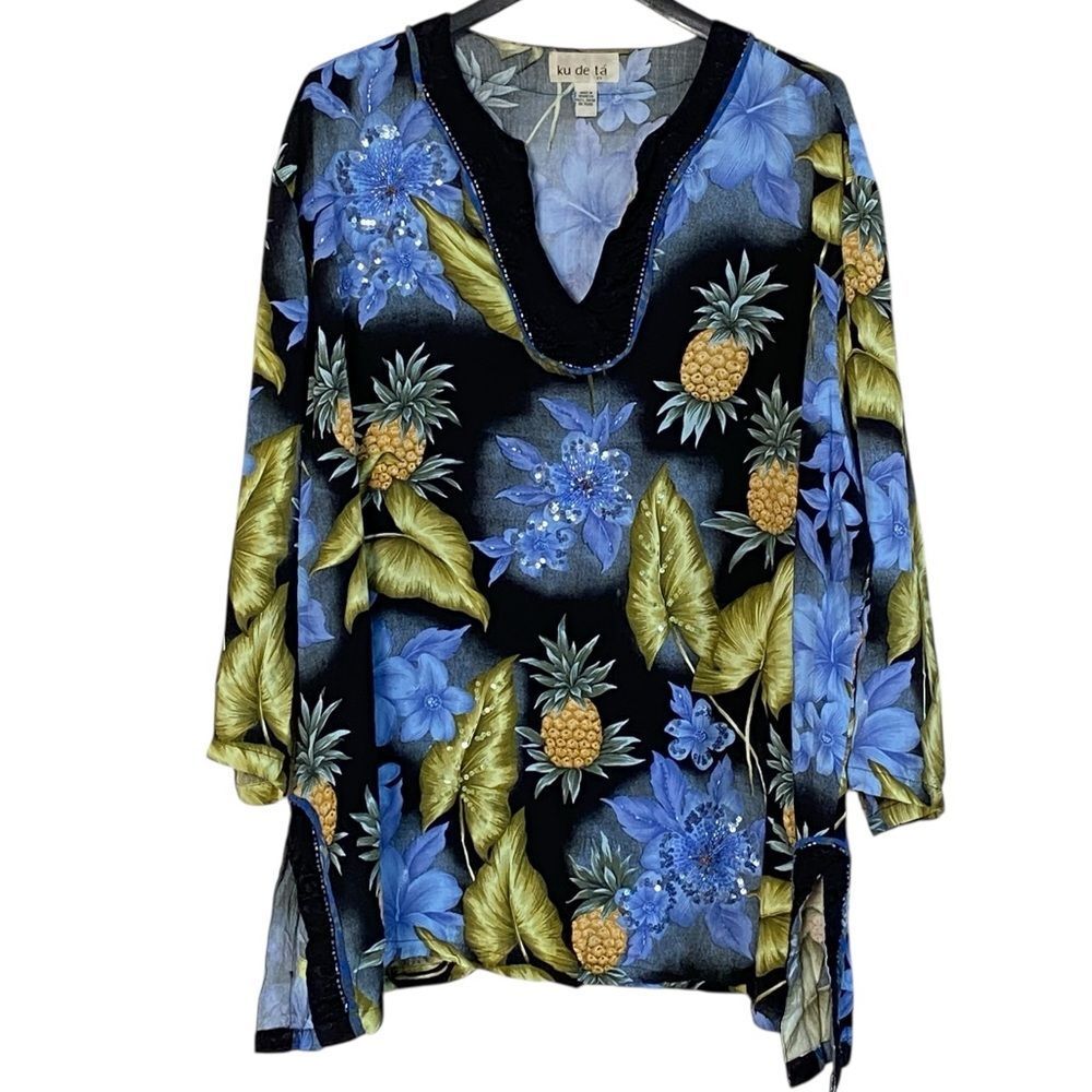 Ku De Ta Vintage Beaded Tropical Pineapple Flower Print Tunic Top Sz 3X